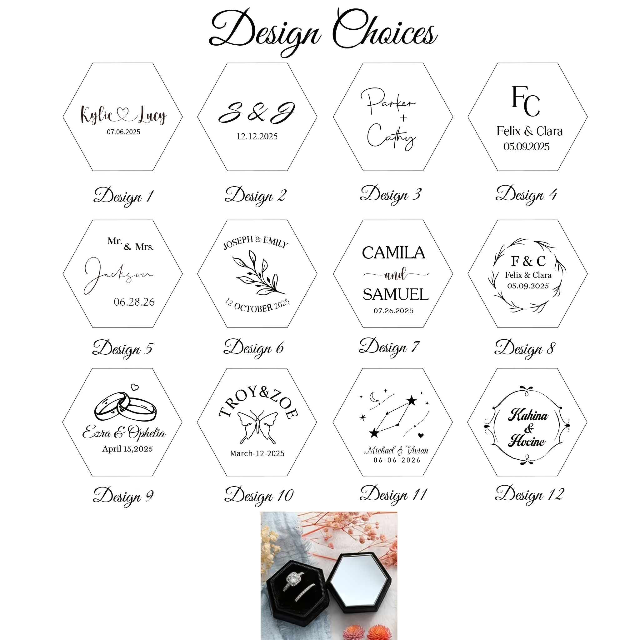 Personalized Hexagonal Velvet Ring Box, Custom Name and Date