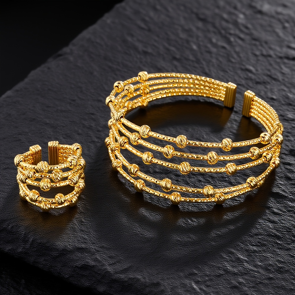 TEMU Women's 24k Gold Plated Copper Bracelet & Ring Set - Elegant Lightweight Matching Jewelry, Dainty Boho Wedding & Party Accessories,