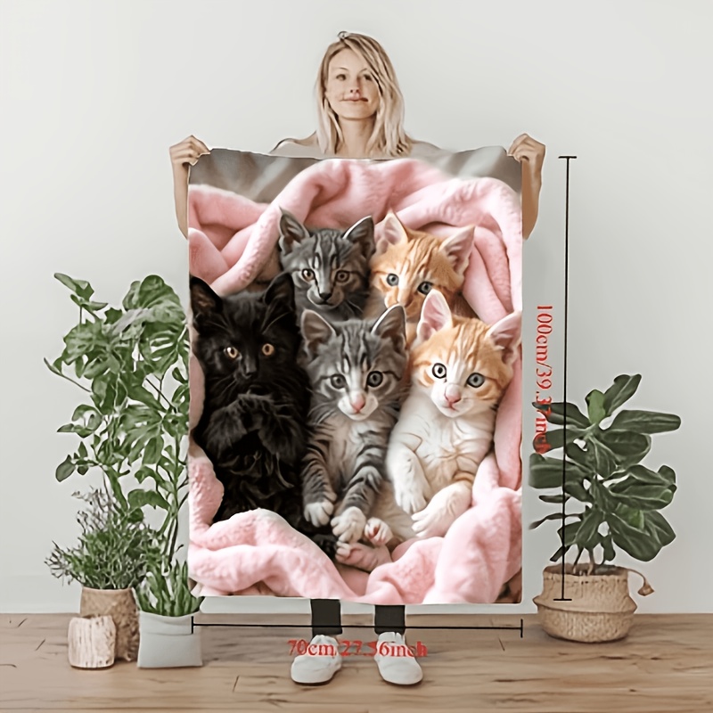 TEMU 2d Flat Print, 1pc Of Stylish, Soft, And Warm Cat-print Flannel Blanket. Suitable For Camping And Travel, Featuring Adorable Cats And Patterns.