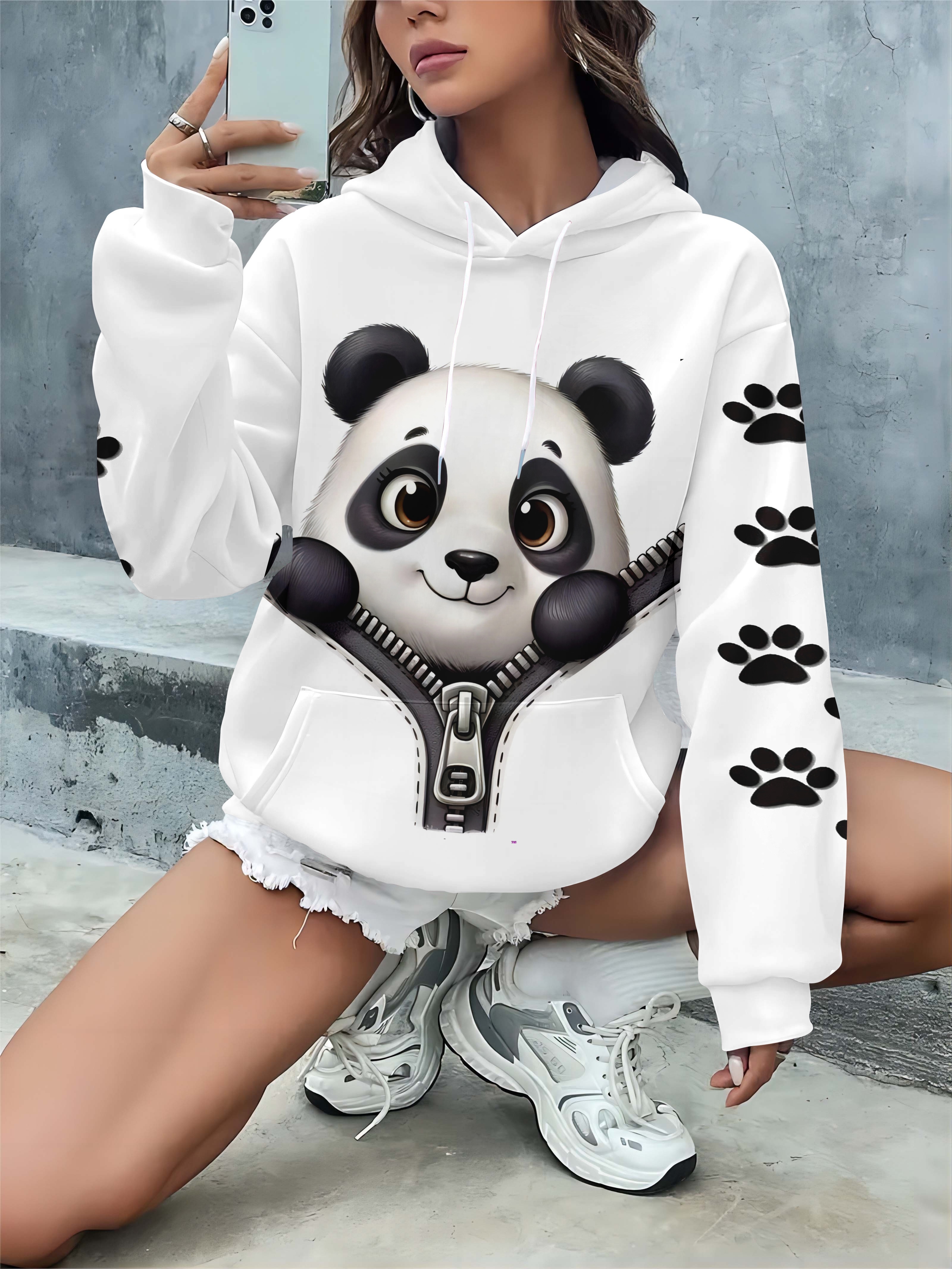 plus size panda print drawstring hoodie casual long sleeve Temu