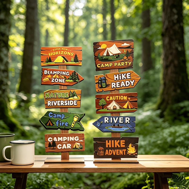 TEMU 2d Flat, 1 Set Camping Party Theme Wooden Desktop Ornaments, With Fun Labels, With Base Suitable For Desktop Display, , Party Decoration, Retro