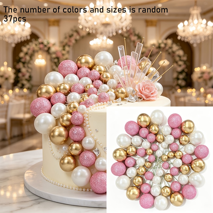 TEMU Random Assortment Of White, Golden, And Platinum Pink Three-color Round Ball Cake Toppers, Metal , Matte White Balls, Balls, Mixed Sizes Of
