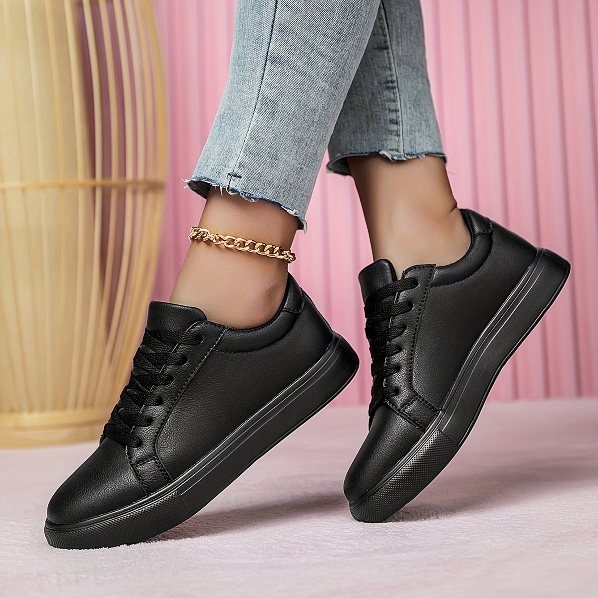 

Women's Minimalist Solid Black Detail Lace-up Front Casual Sneakers, Comfortable Lightweight Daily Versatile Non-slip Skate Shoes For Outdoor Sports