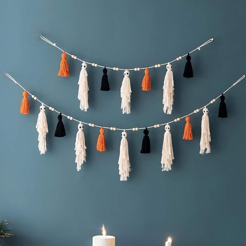 

Handmade Tassel Garland - Themed Fabric Banner For Room Decor, Festive Fireplace Mantel & Door Frame Decoration - Black, White & Orange Tassels - Seasonal Holiday Party Supplies