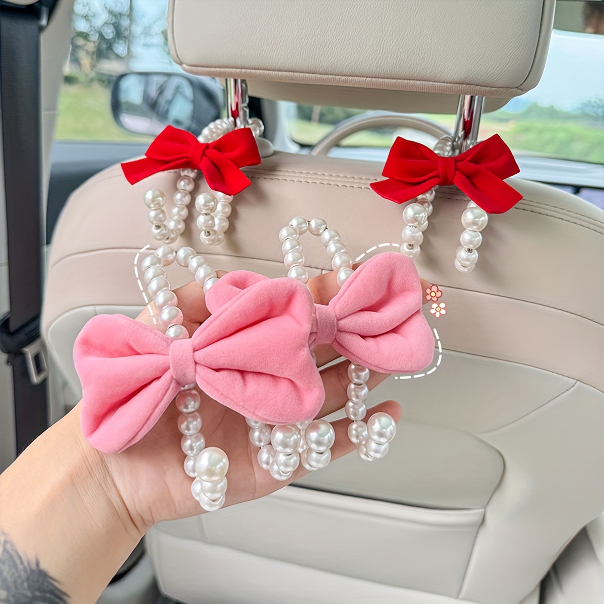 

2-pack Plastic Car Seat Back Hooks, Cute Bow Storage And Decorative Items, Multi-functional Rear Seat Organizers For Vehicle Interior Accessories