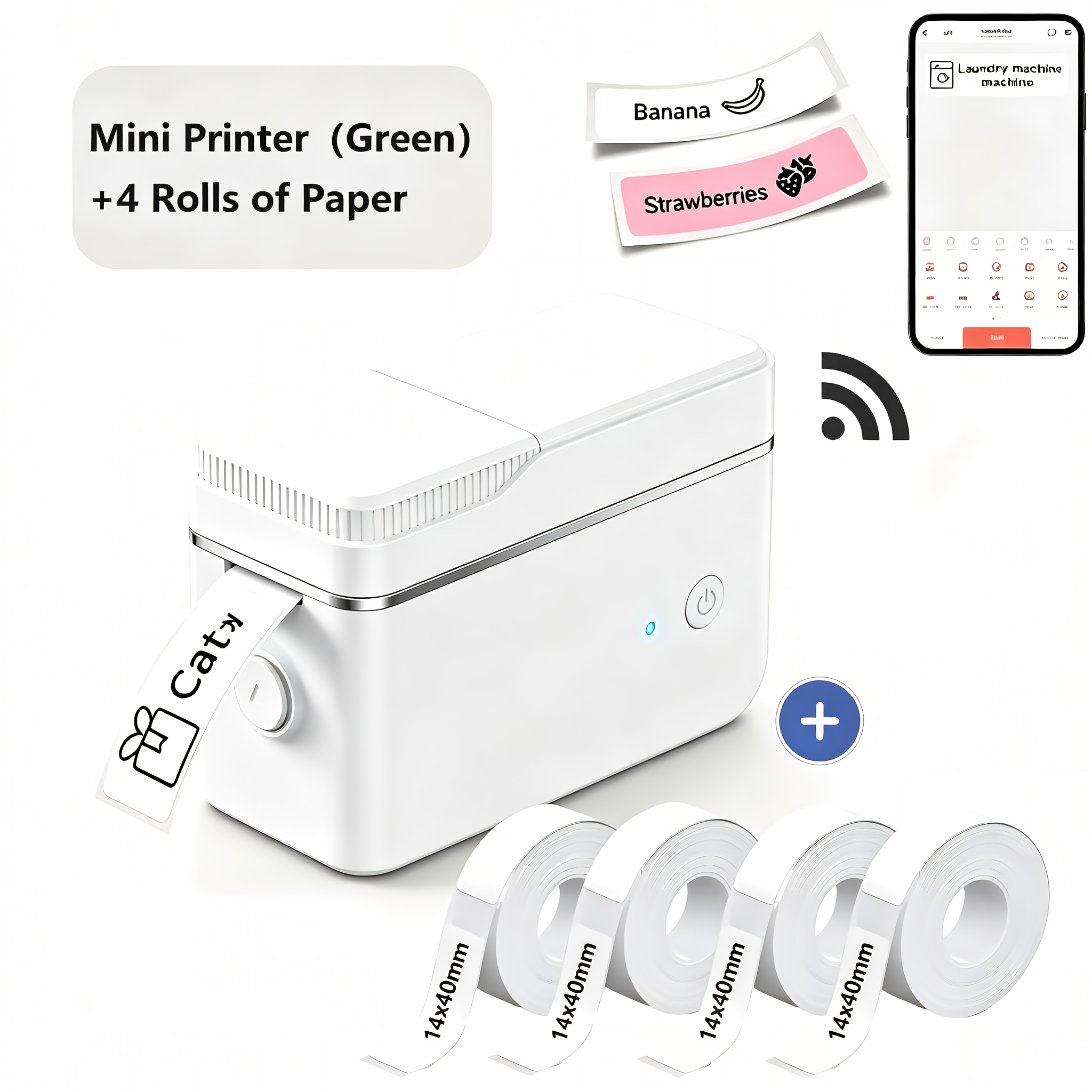 TEMU Impresora de etiquetas inalámbrica P31B, 4 rollos de cinta de etiquetas de 14×40 mm (180 hojas/rollo), impresora de adhesivos portátil sin tinta