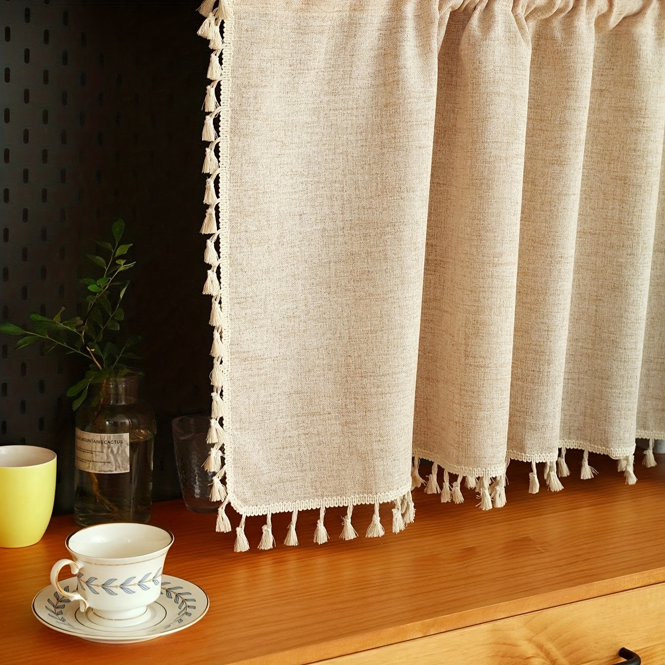 E-shop 1 Stück helles Khaki-Polyester-Leinen Vorhang, japanischer Landhausstil, mit Quasten-Spitzenrand, kann als Raumteiler, kleiner Vorhang,