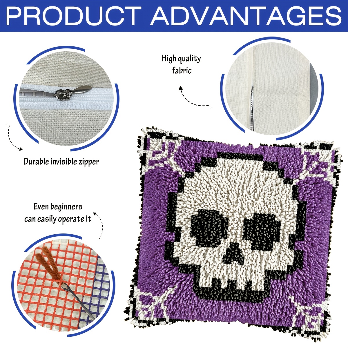 Latch Hook Kit with Halloween Skull Pattern for DIY Pillow Cover