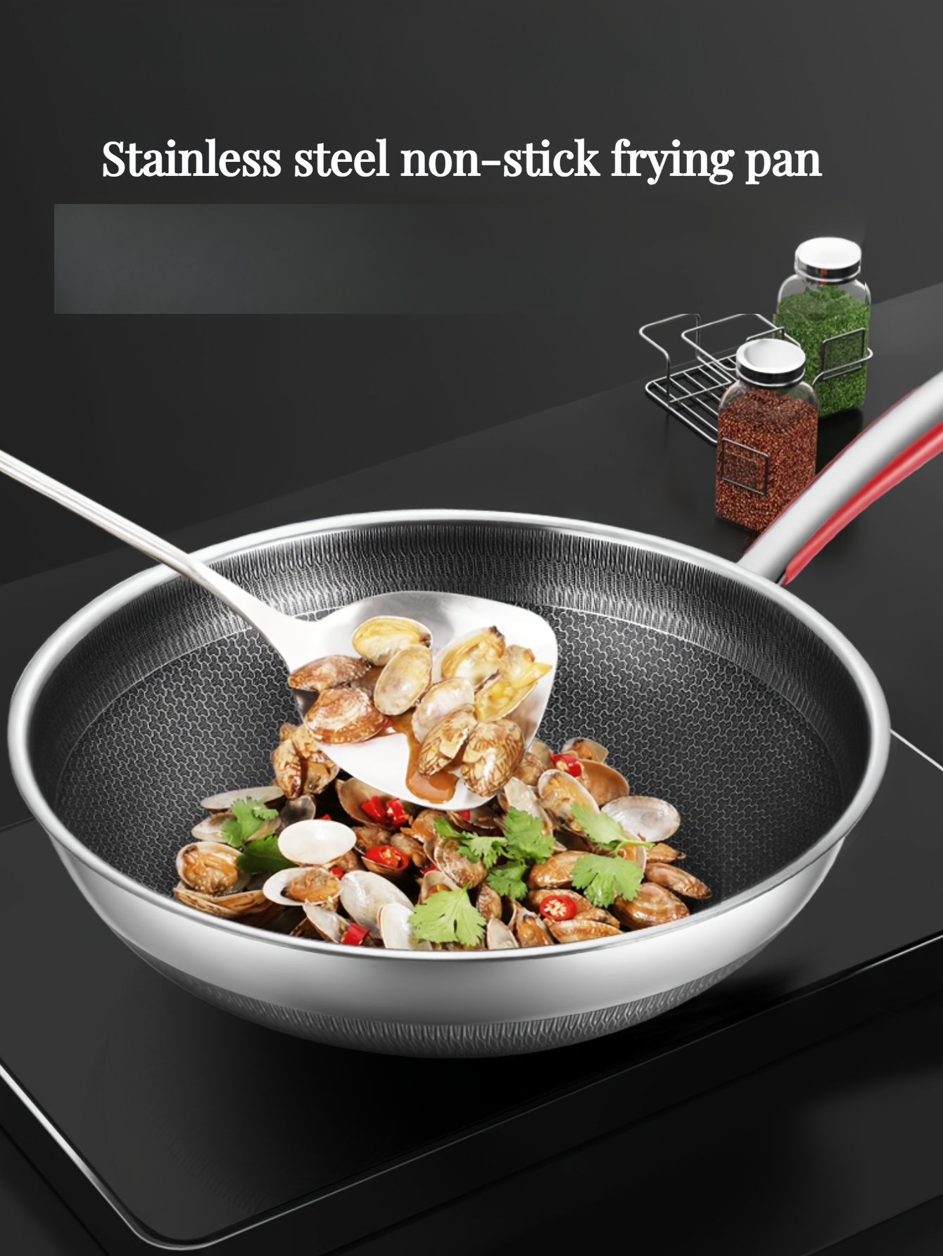 versatile stainless steel wok with glass lid non stick honeycomb design for perfect frying cooking compatible with induction gas stoves   kitchen pan for fish eggs steak 32 34 sizes   household round with handle details 0