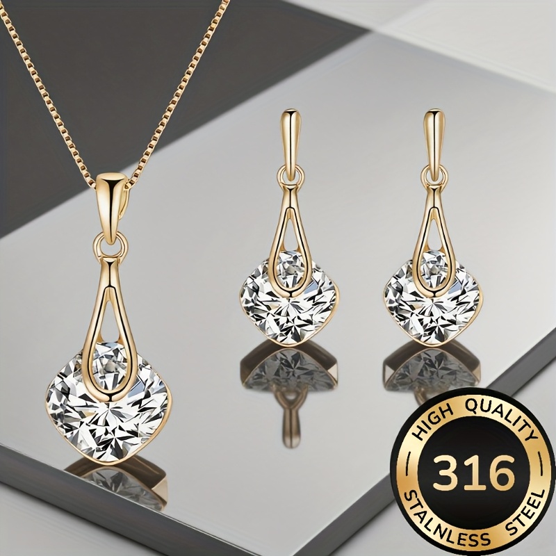 316 Stainless Steel Inlaid Synthetic Synthetic Zirconia Necklace and Earrings Jewelry Set, Elegant and Minimalist Design, Versatile Vintage-style Fashion Accessories, Suitable for Women, Couples, Streetwear, Daily Commutes, Weddings, Holidays, and