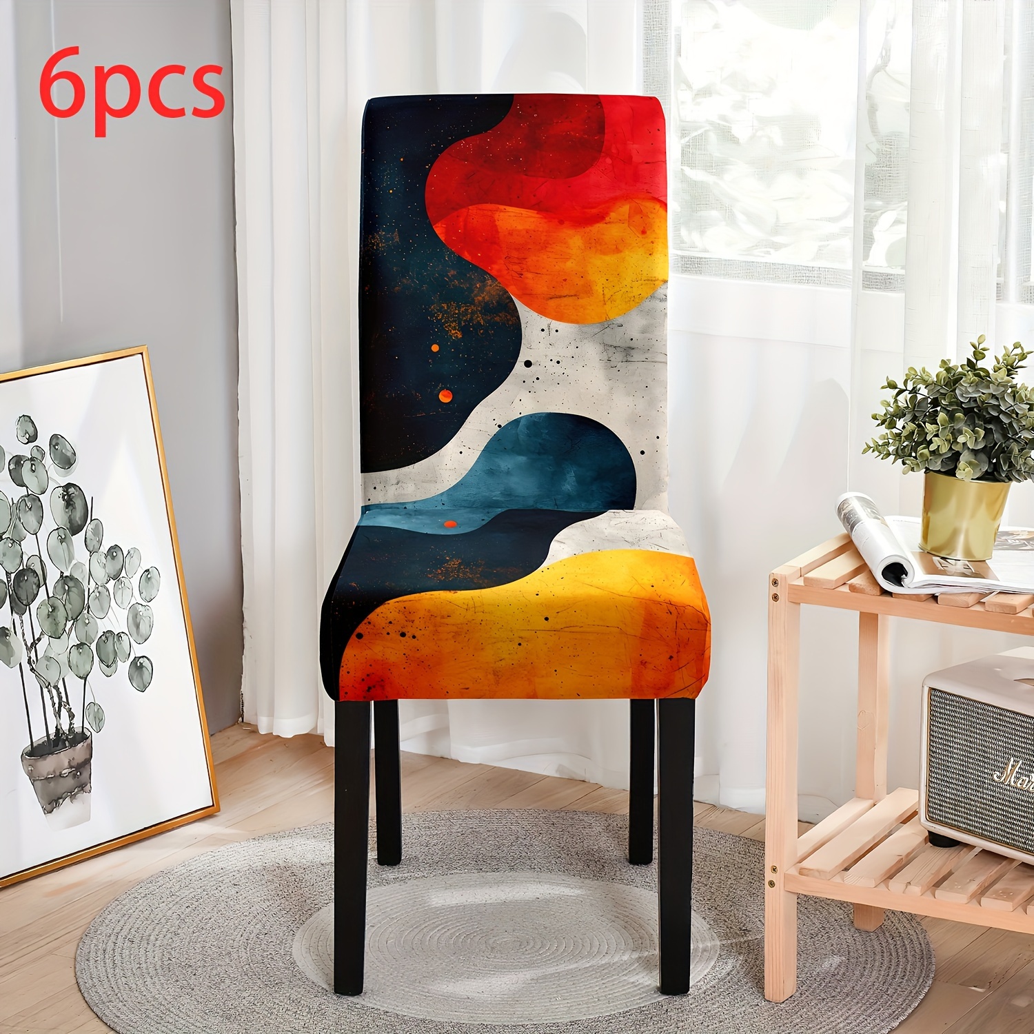 TEMU Lot de 4/6 housses de chaise de salle à manger amovibles et lavables, extensibles, en tissu fibre lisse imprimé à géométriques color-block,