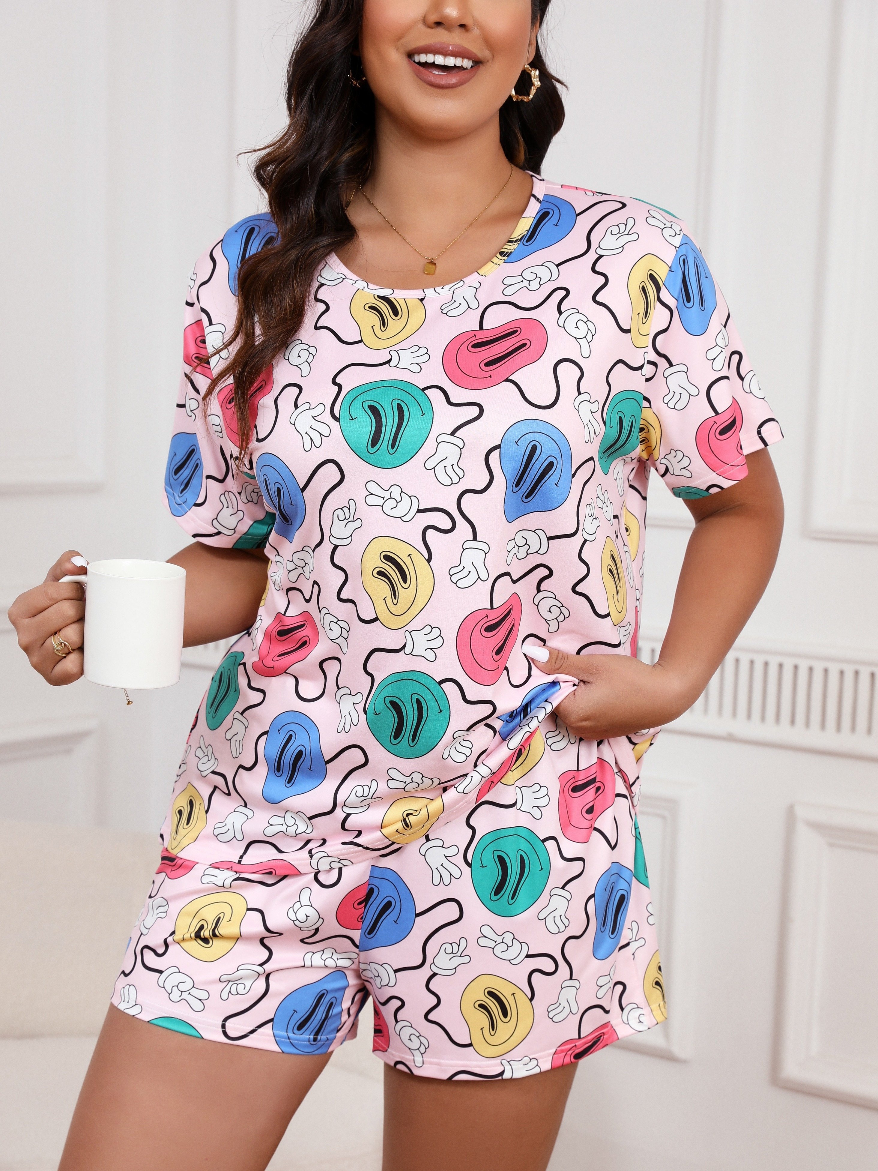 Cartoon Sloth Print Pajama Set Short Sleeve Crew Neck Top - Temu Canada