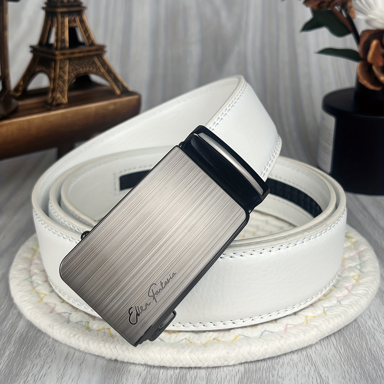 TEMU Luxury Brand Men's Belt With Silvery Hollow Splicing Decoration, Casual And Fashionable, 1.38 Inch Wide Men's Adjustable Fashionable High-end