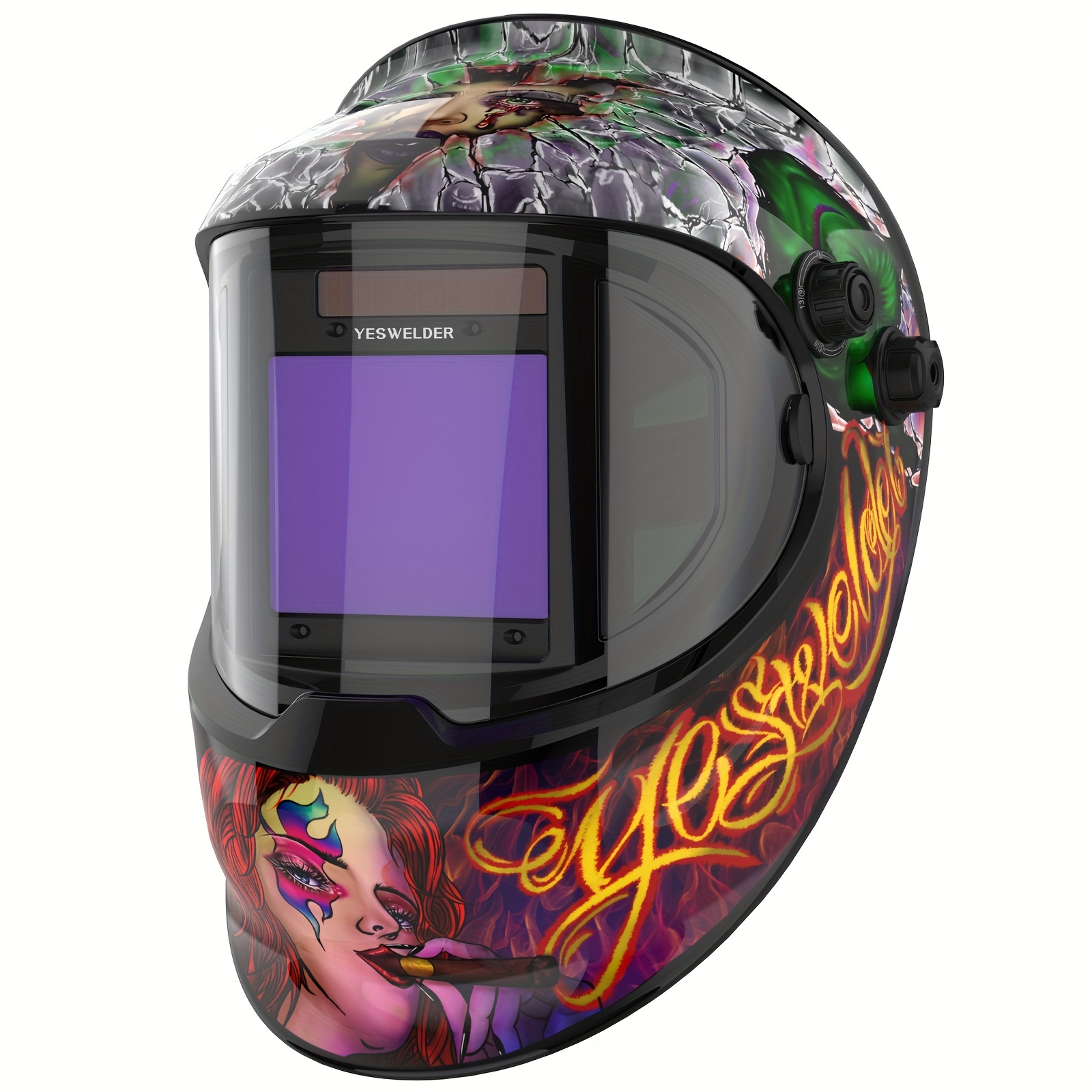 

Yeswelder Large Viewing True Color Solar Powered Auto Darkening Welding Helmet With Side View, 4 Arc Sensor Wide Shade 4/5-9/9-13 Welder Mask Smoky Girl