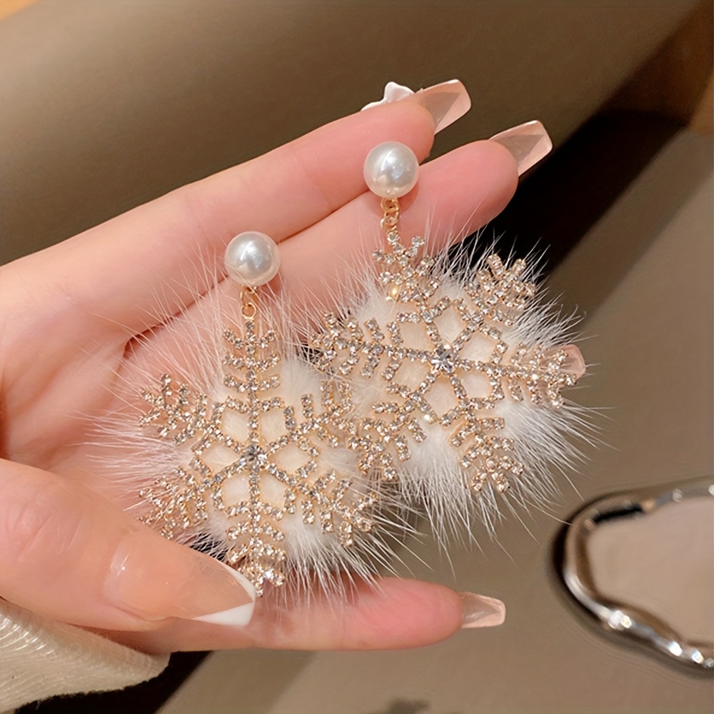 TEMU 2pcs Aretes de lujo navideños de moda multicolor con zirconias cúbicas, copo de nieve y de perlas, regalo para mujeres, navideña