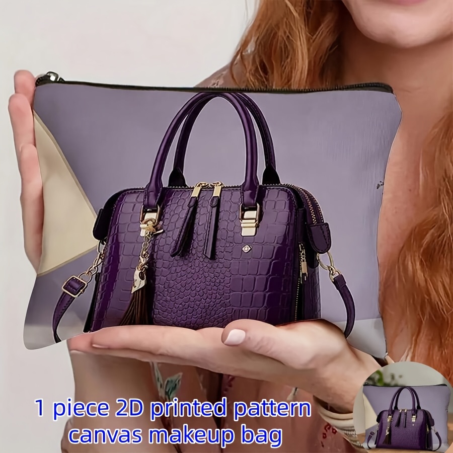 TEMU 1pc 2d Flat Print Vibrant Purple Handbag Pattern Makeup Bag, Suitable For Travel And Daily Use, Portable Toiletry Bag With Handbag, Compact