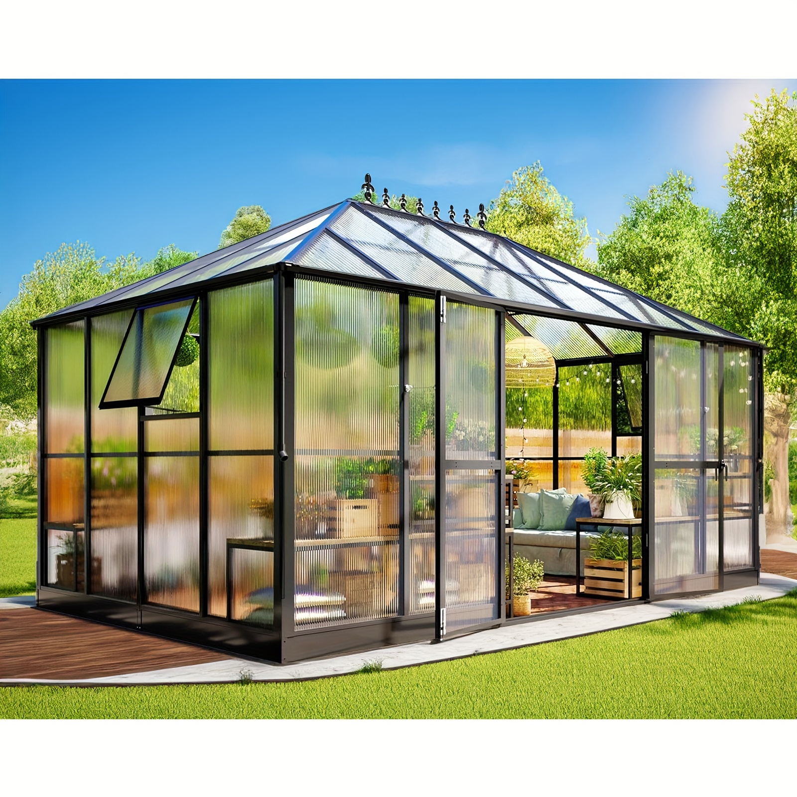 

Outdoor Aluminum Polycarbonate Greenhouse With 2 Ventilation And Rain Gutter, Walk In Greenhouse For Outdoors, Garden, Backyard