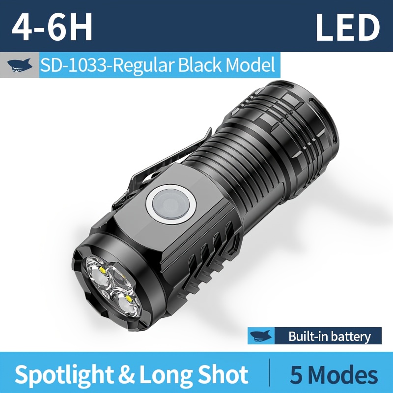 TEMU Smiling Shark Led*3 Torch Light Sd1033 | Ultra , 5 Lighting , Type-c Rechargeable, White Light With Metal Clip, Pocket Size, Perfect For Night Camping, Hiking, Home Use