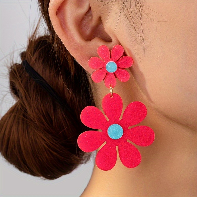 

Boucles d'oreille rouge simple de style vintage, design floral en acrylique avec aiguille d'oreille en acier inoxydable, bijou de plage d'été tendance pour femmes, convenable pour le port et