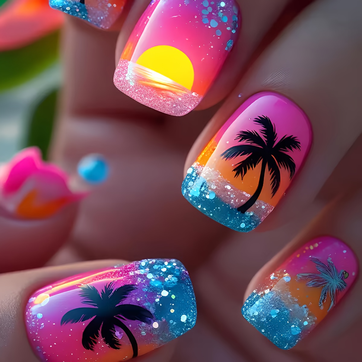 Removable Wearable Nails Summer Sunset Coconut Tree Pattern Nail Stickers 24pcs Press-on Nails