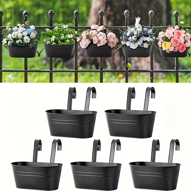 

5 Pcs Iron Hanging Flower Pots 11 Inch Hanging Planters For Outdoor Plants Metal Hanging Bucket Pots Iron Railing Fence Planter With Drainage Holes And Hooks For Porch Railing Balcony Fence (black)
