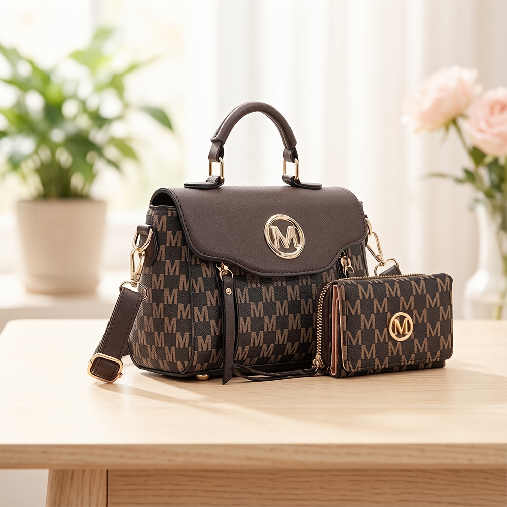 TEMU Women 2pcs Handbag Set, Black Monogram Print Top Handle Purse With Matching Card Holder Wallet, Large Capacity Satchel Bag For Daily Work