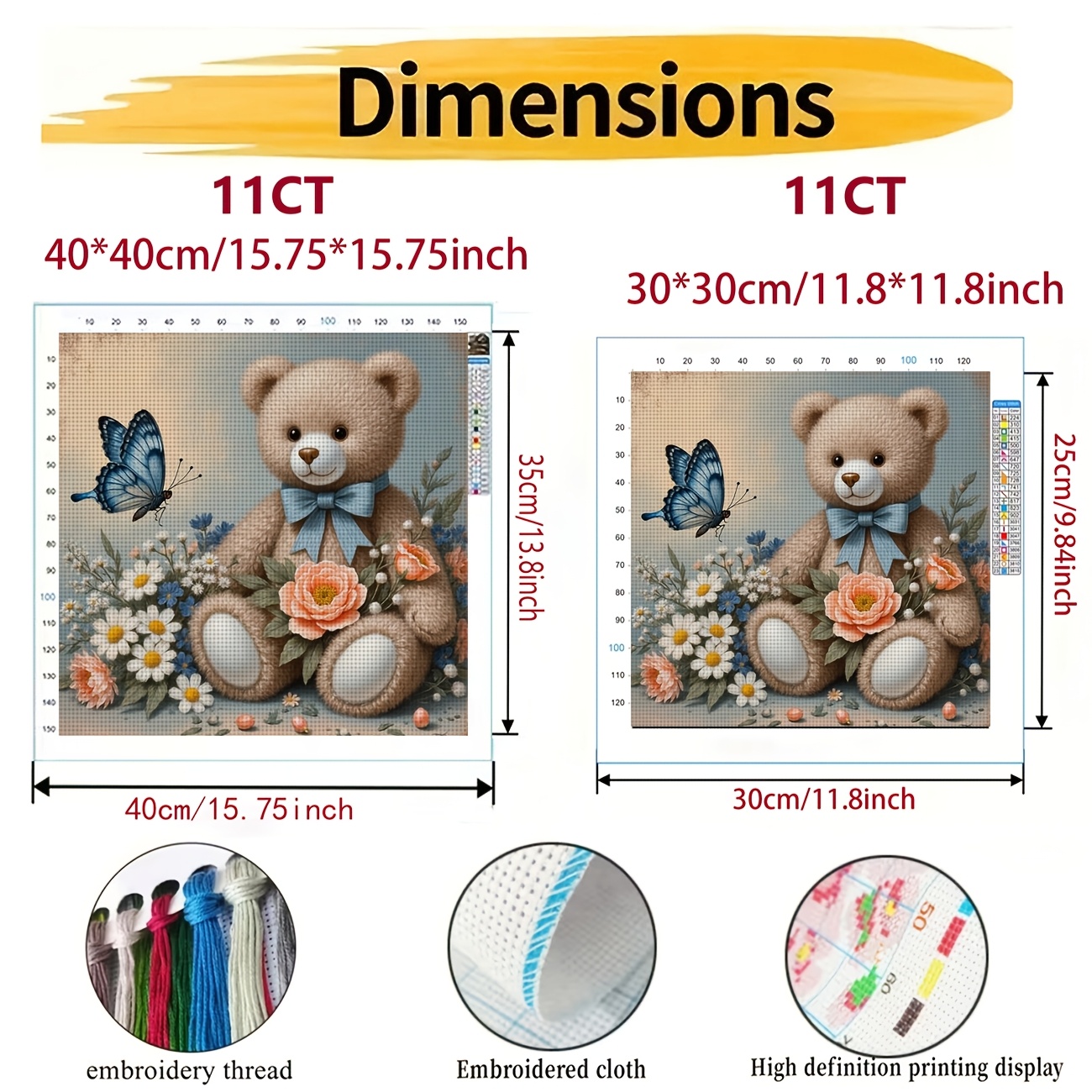 DIY Cross-Stitch Printed Kit - Teddy Bear and Flower Butterfly Design