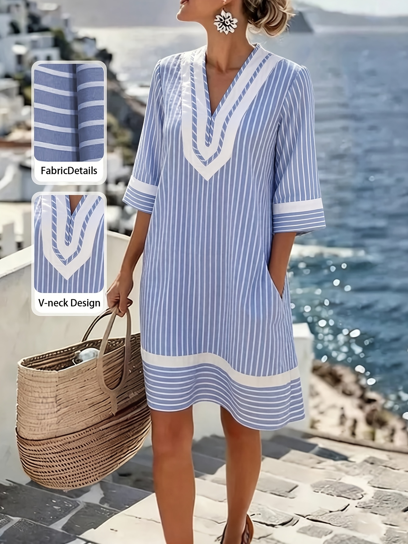 casual dresses for short fat women Summer Autumn New Women'S Striped Dress, V-Neck Three-Quarter Sleeve Loose Straight Skirt with Pockets, Vacation Beach Short Dress Size:00 USA Casual Loose Summer Dress Orange Silk Kaftans Outfit ideas