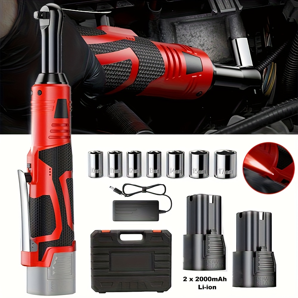 TEMU Electric Cordless Ratchet 3/8" Right Angle Wrench Impact Power Tool + 2 Battery, Tight Space Access, Right Angle Power Tool, Impact Wrench,