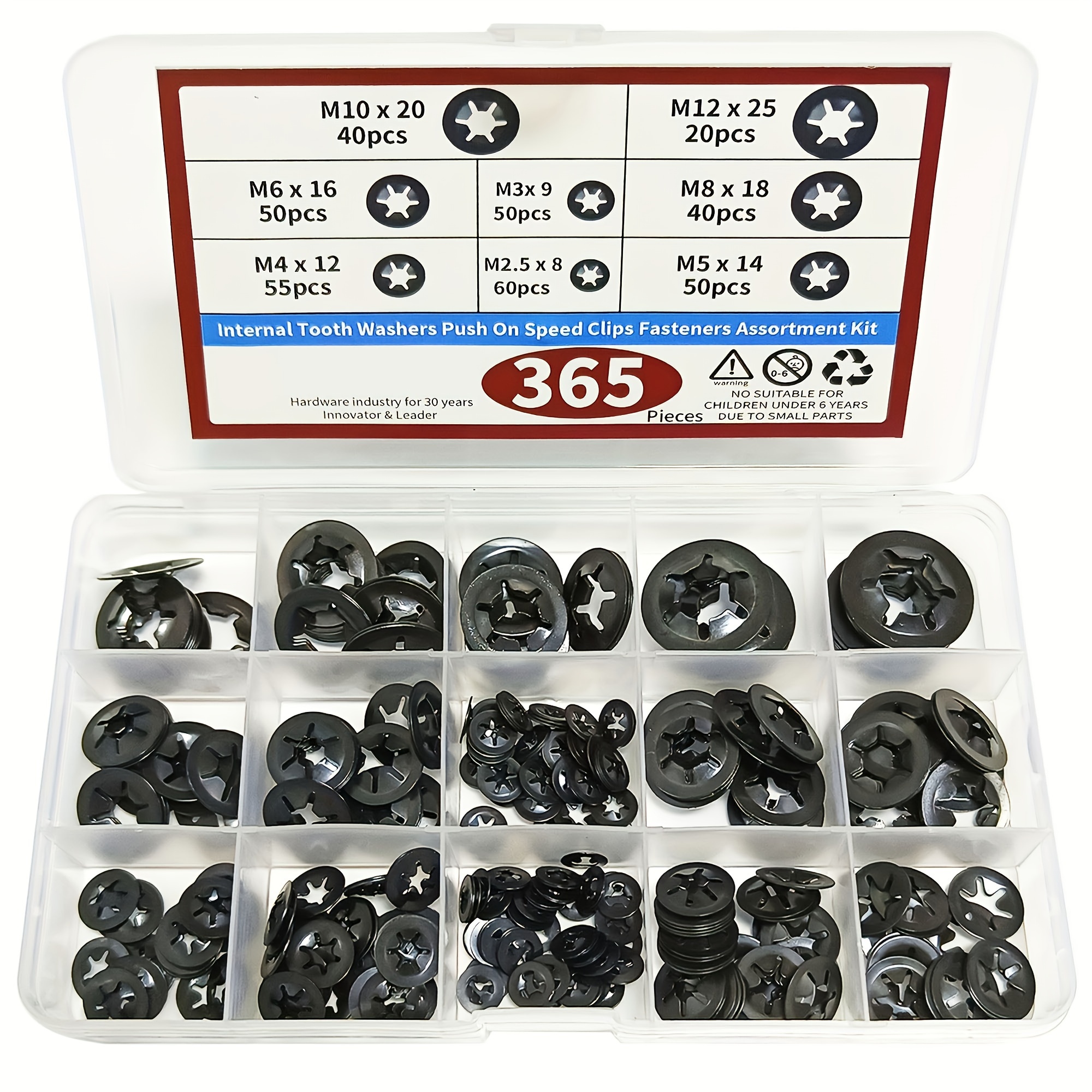 

365-piece Washer Set - 8 Sizes, Push-on Speed Clips Fasteners, Durable 65mn Steel With Black Oxide Finish