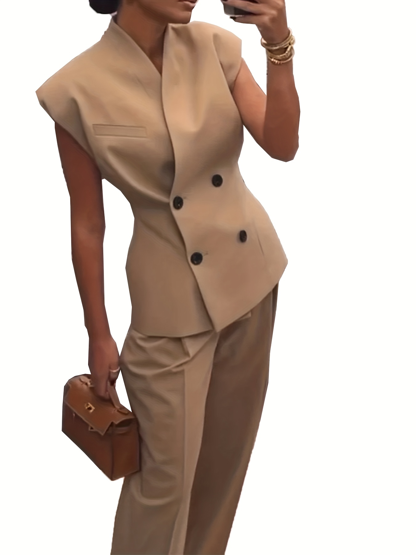 brown bezrukvkov elegantn s rovnmi kalhotami set 0