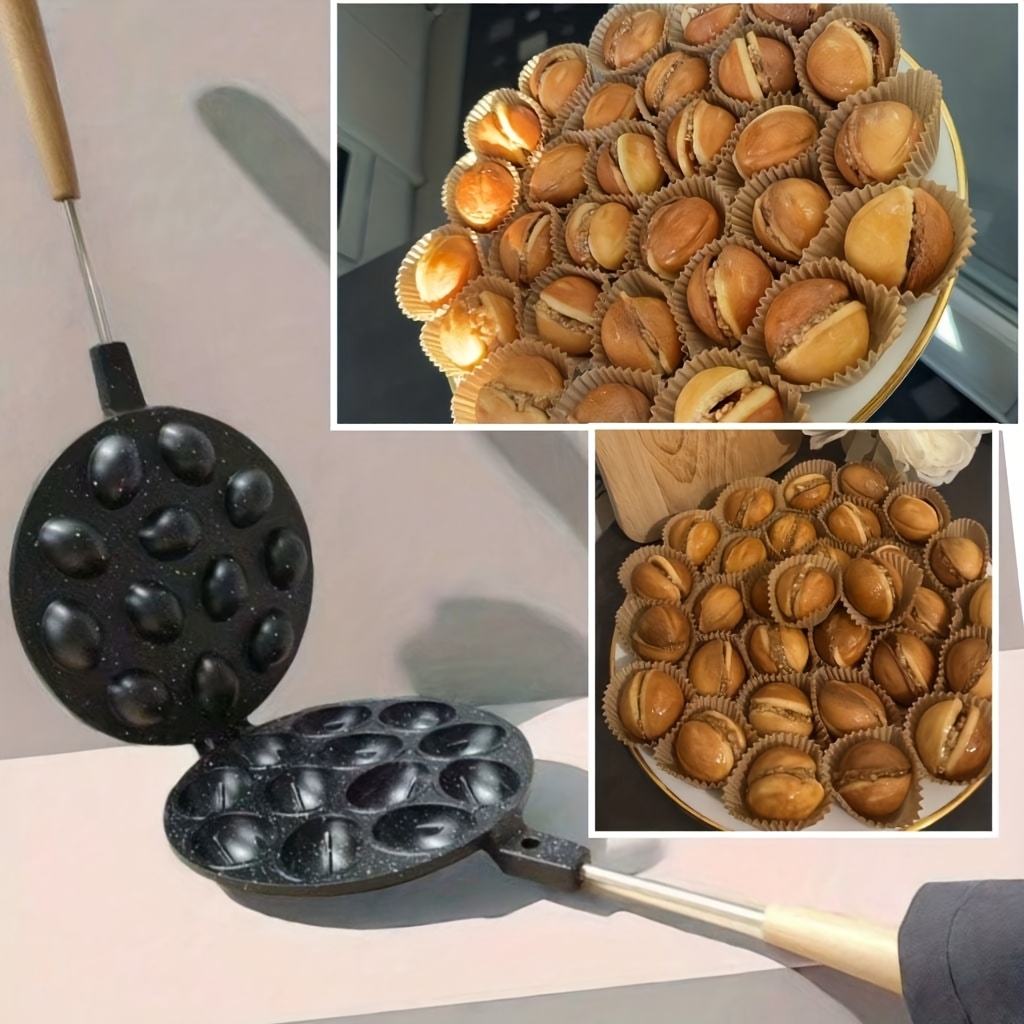 

1pc Household 12-hole Walnut Cracker Cake Walnut Cookie Making Mold Oval Waffle Baking Pan Universal For Gas Nuts Cookie Baking Tool Egg Waffle Pan