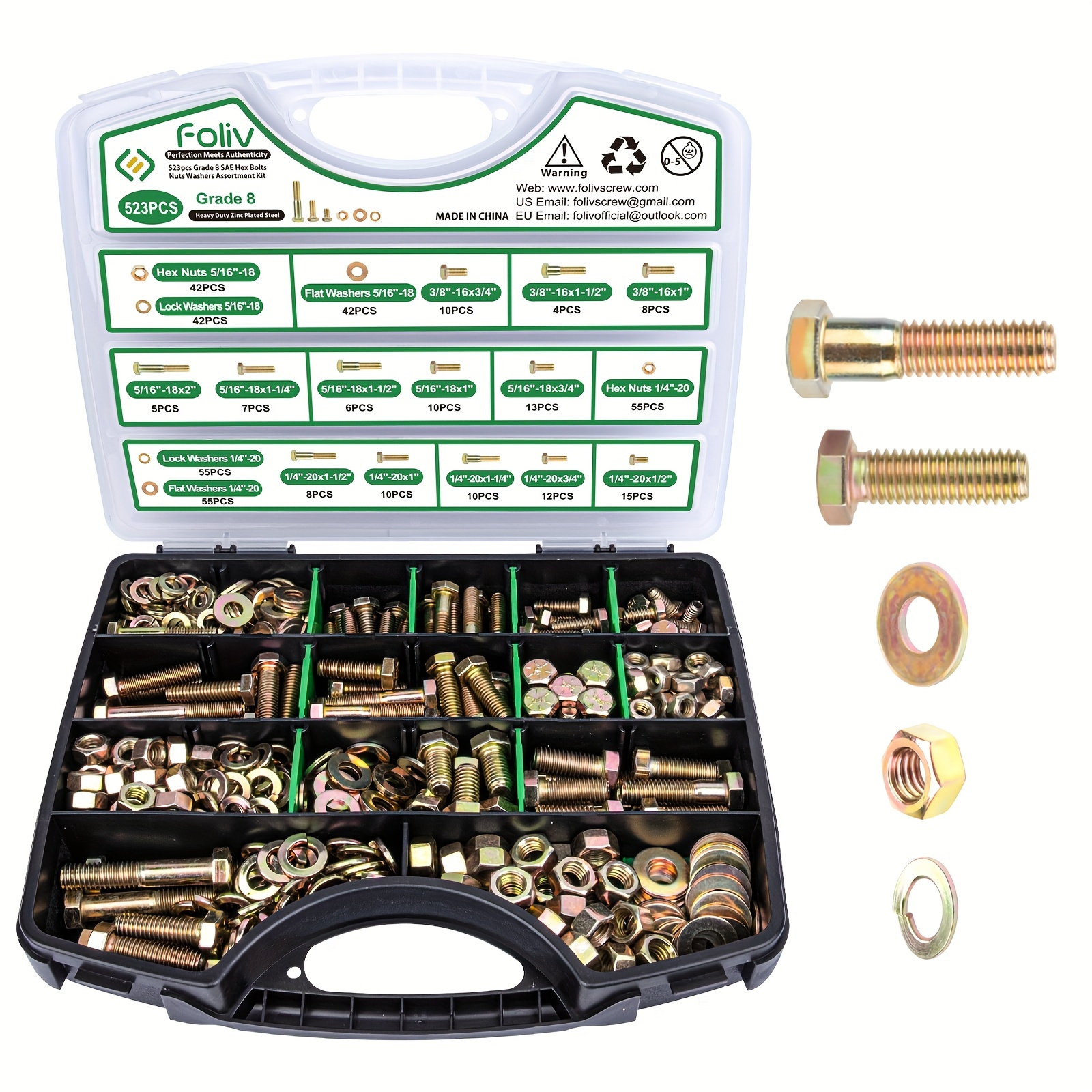 TEMU 523pcs 8 Bolts And Kit, Duty Nut And Bolt , 1/4 5/16-18 3/8-16 Sae Hex Bolts, Length 1/2" To 1-1/2"