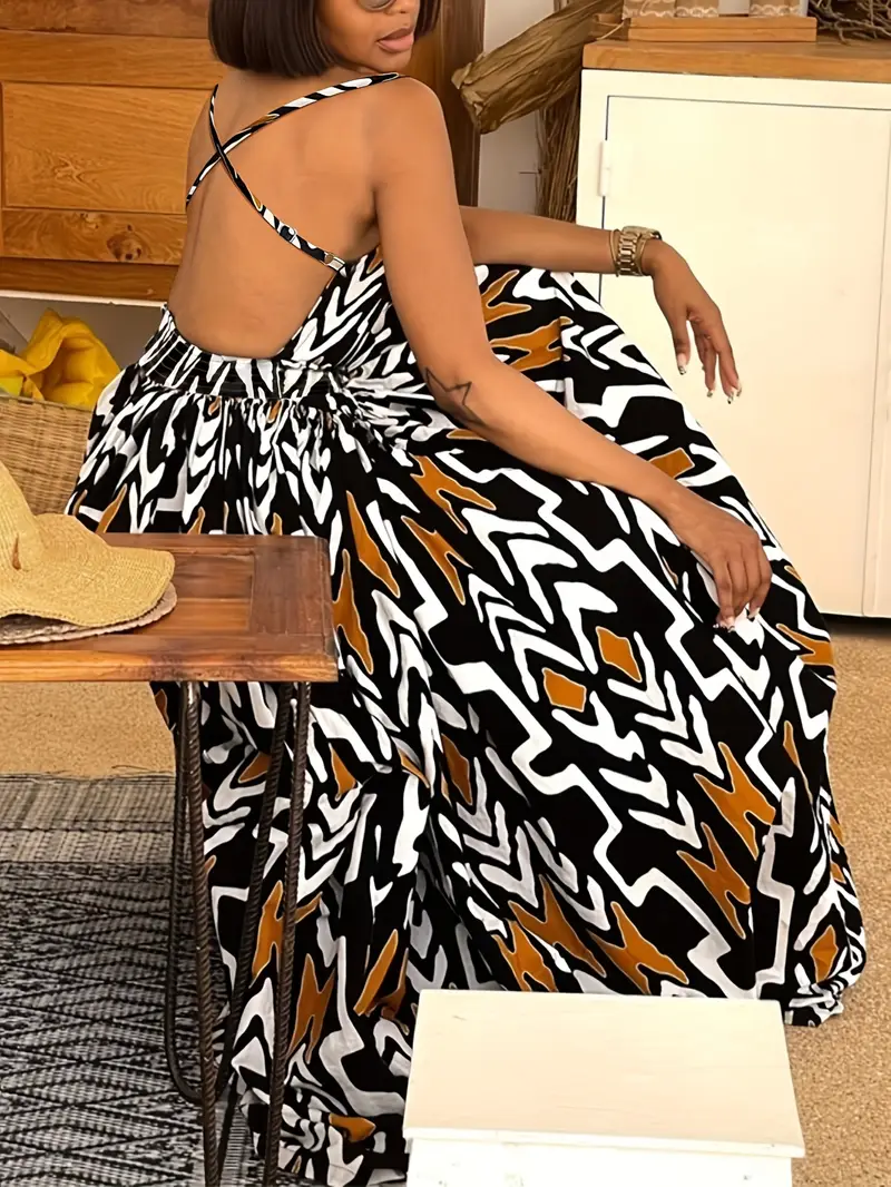 casual geometric dress Xpluswear Design Plus Size Casual Yellow Geometric Print U Neck Sleeveless Sundress Pocket Maxi Dress
