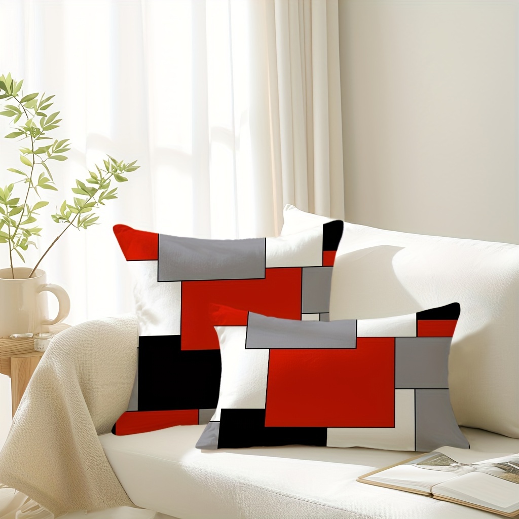 

Modern Abstract Geometric Throw Pillow Cover - Red, Black, Grey & White Color Block Design With Zipper Closure For Sofa And Bedroom Decor - Cozy Linen Blend, Hand Wash Only