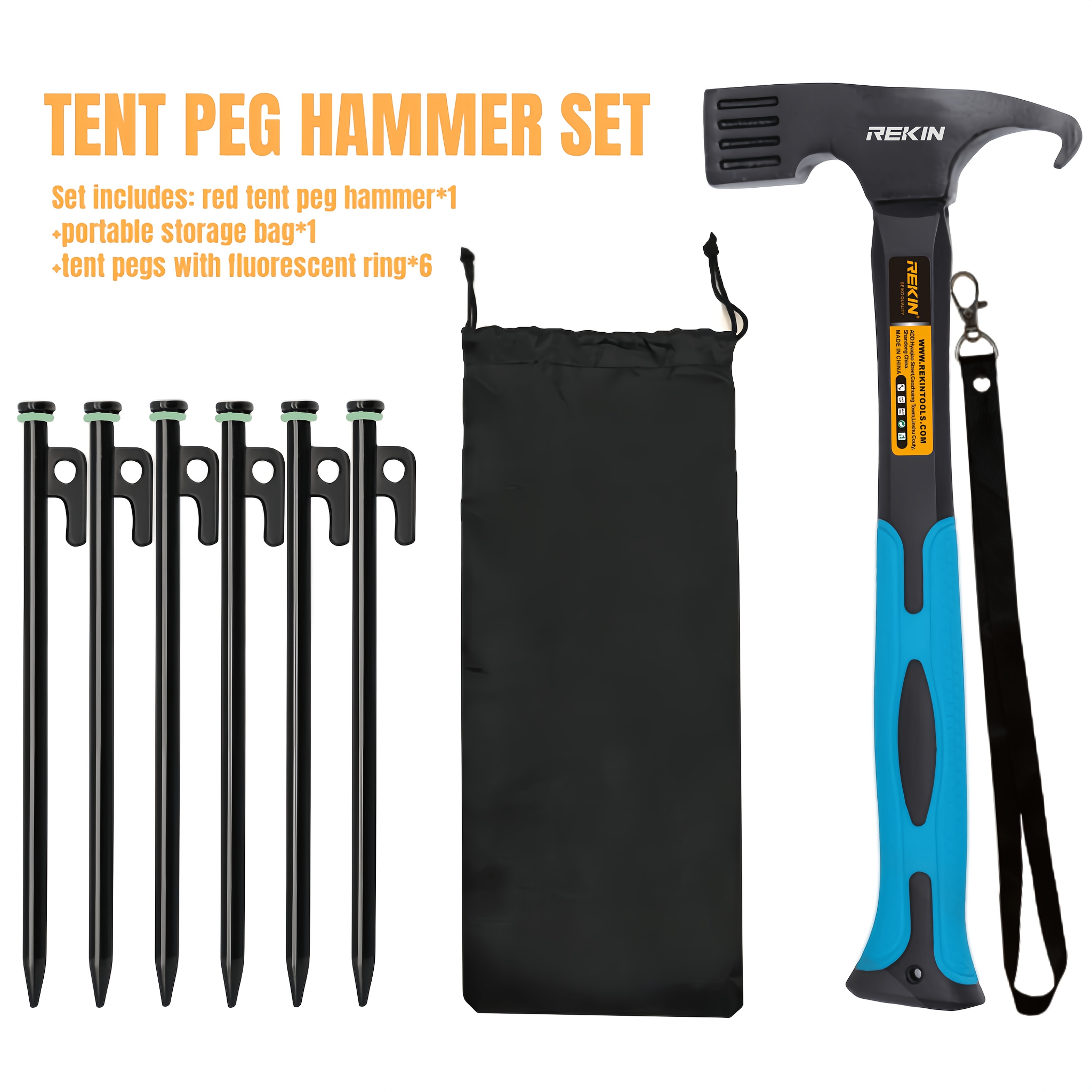 Image of Orange/red/ Hammer And Peg Set Includes A Peg Puller And 6 Tent Pegs, With A High- Head, Powder-coated Finish For Rust Protection, And A Non-slip, Shock-absorbing Handle, Ideal For And Camping