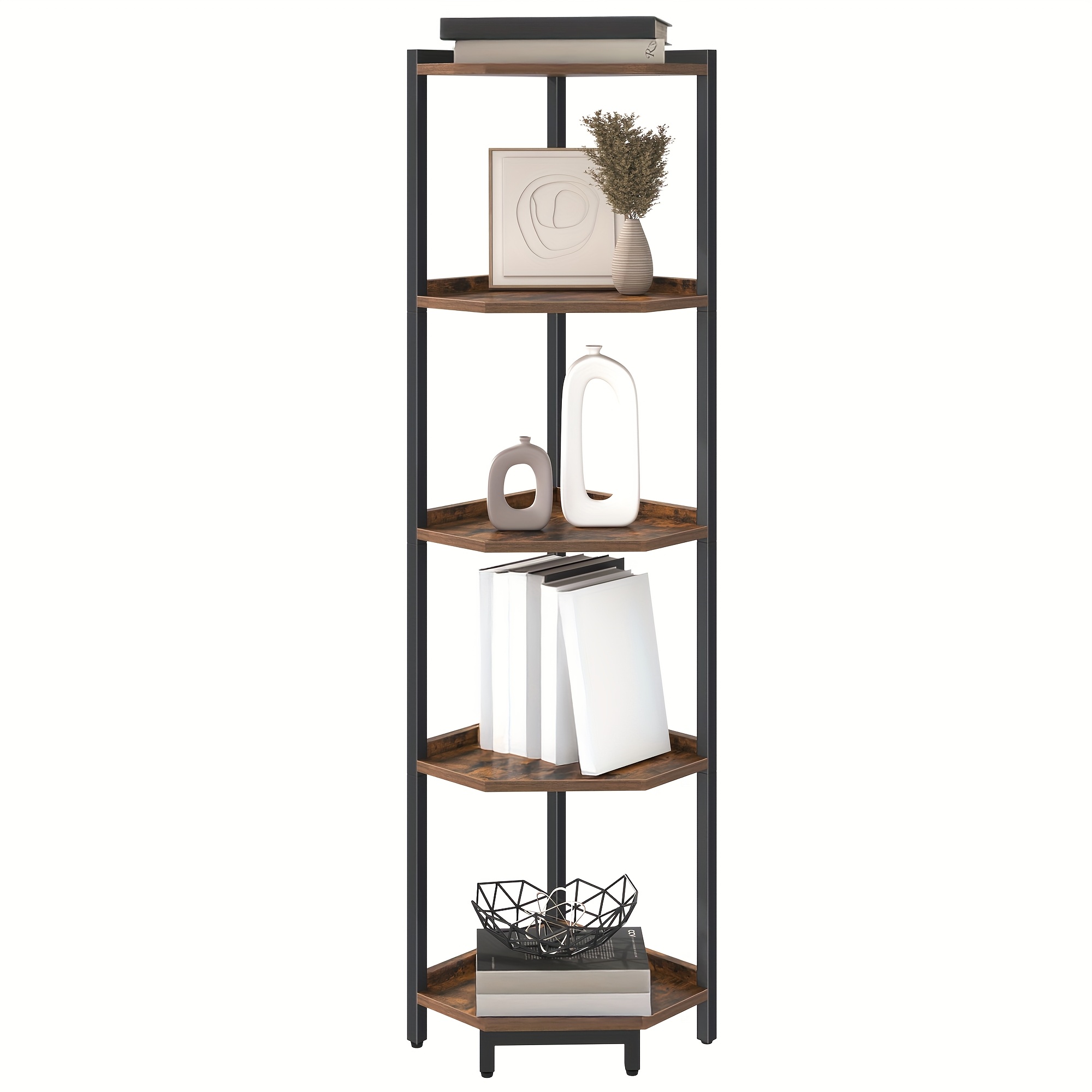 Image of Corner Shelf Stand, Corner Bookshelf, Storage Stand Shelf With Metal Frame, Plant Stand, Corner Bookshelf For Living Room, 5-tier Black