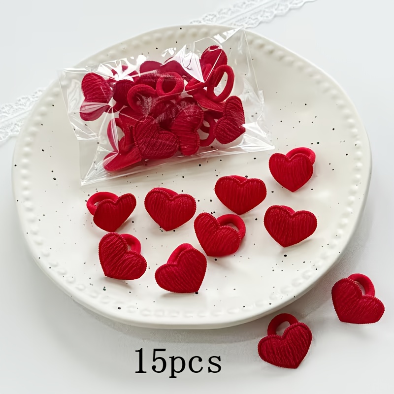 15pcs Red Heart Elastic Hair Ties | Stretchable Hairbands Perfect For Ponytails And Birthday Gifts, Ideal New Year's Present