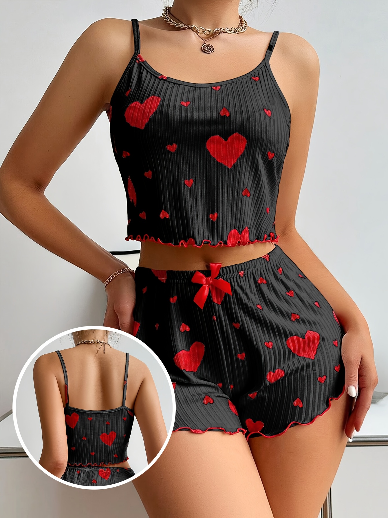 Ladies' Heart Patterned Attractive Ribbed Pajama Ensemble, Round Neck Backless Crop Camisole And Shorts, Cozy Loose Fit, Summer Sleepwear