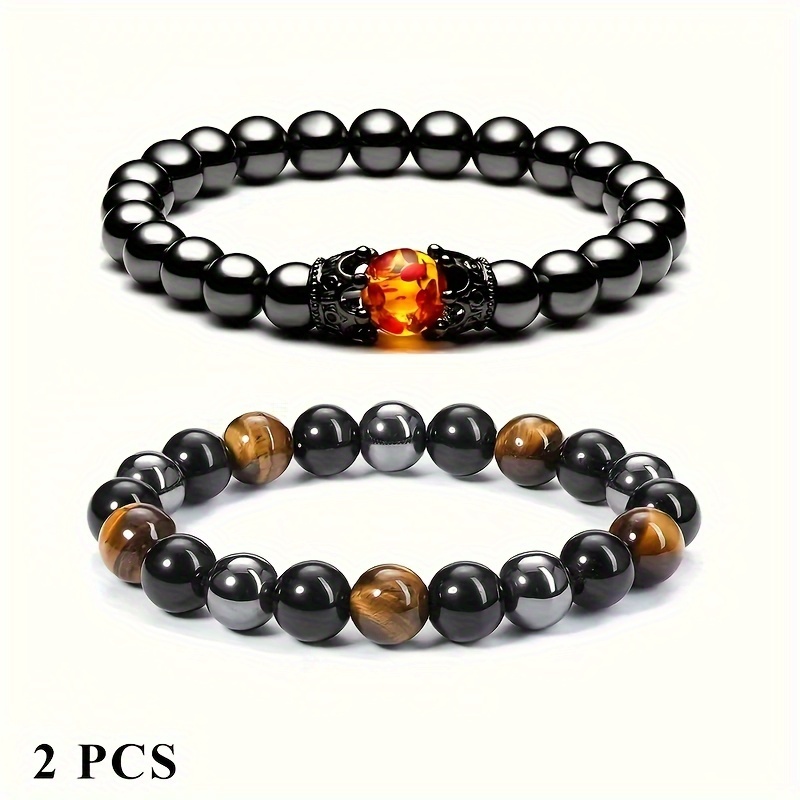 

2pcs Hematite Obsidian Tiger Eye Stone Bracelet For Men Women, 10mm Artificial Round Beads Beaded Bracelet