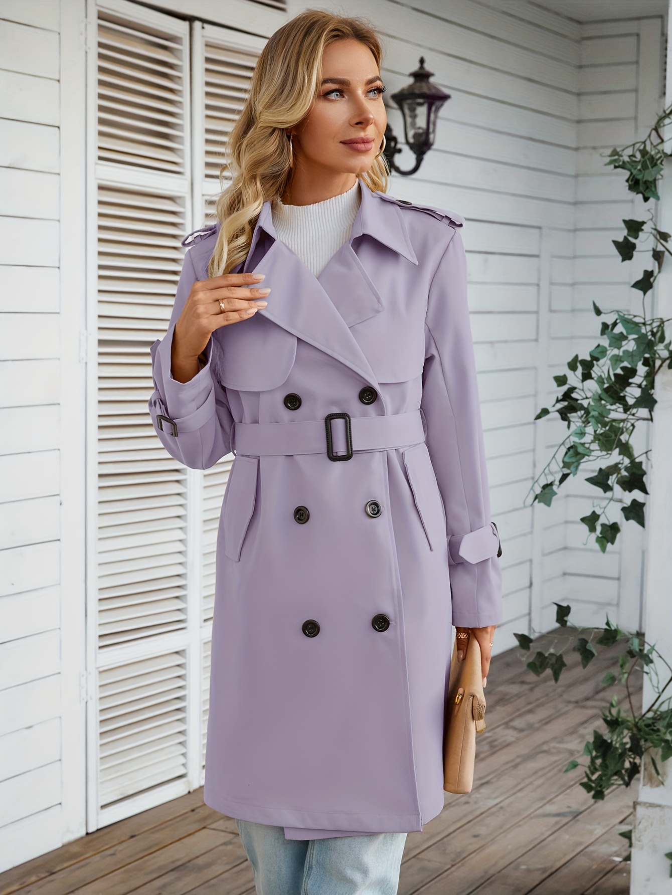 Elegant Light Purple Women's Long Double-Breasted Trench Coat with Belt  Stylish Loose Fit, Polyester Fabric, Machine Washable Casual or