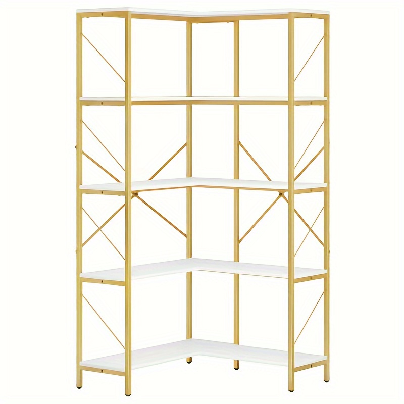 

Homiflex Corner Bookshelf, Golden Corner Shelf 5 Tier Bookcase, Large Display Rack Storage For Bedroom, Living Room, Home Office, White&gold