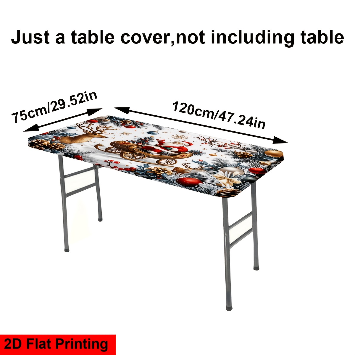 TEMU 1pc 4/ 6ft Santa Claus Sleigh Reindeer Pattern Printed Elastic Tablecloth, Mantel.nappe.tischdecke.washable Outdoor Table Cover With Elastic