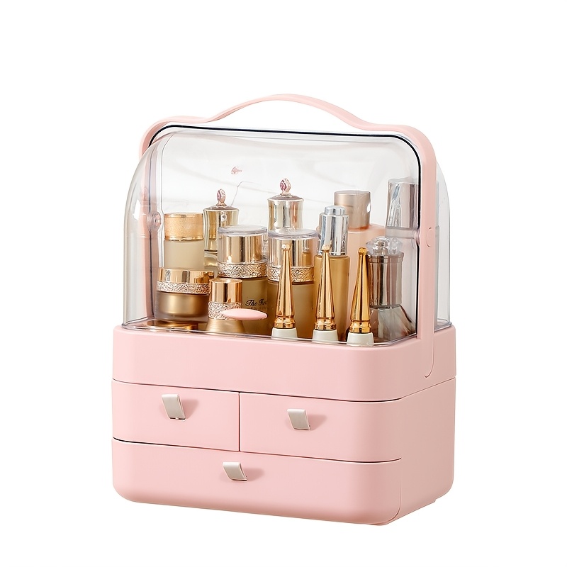 pink expandable makeup organizer with drawers dustproof cosmetic storage box for skincare lipstick jewelry and brushes transparent lid multi tiered compartments vanity or bathroom countertop cosmetic storage organizer details 3