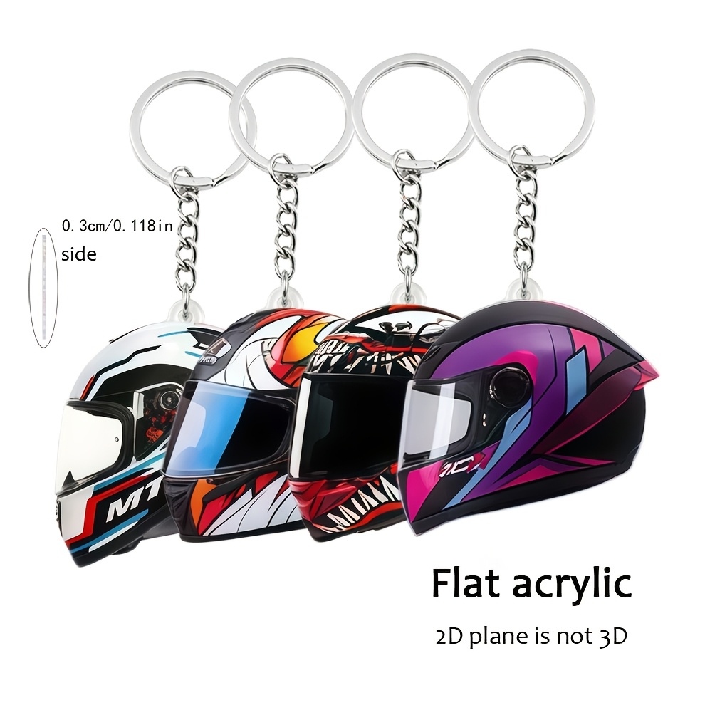 TEMU 2D Flat - 4-teiliges Set trendiger coole Motorradhelm-Schlüsselanhänger, 2D flache Acryl-Anhänger, Motorrad-Stil--Verzierungen
