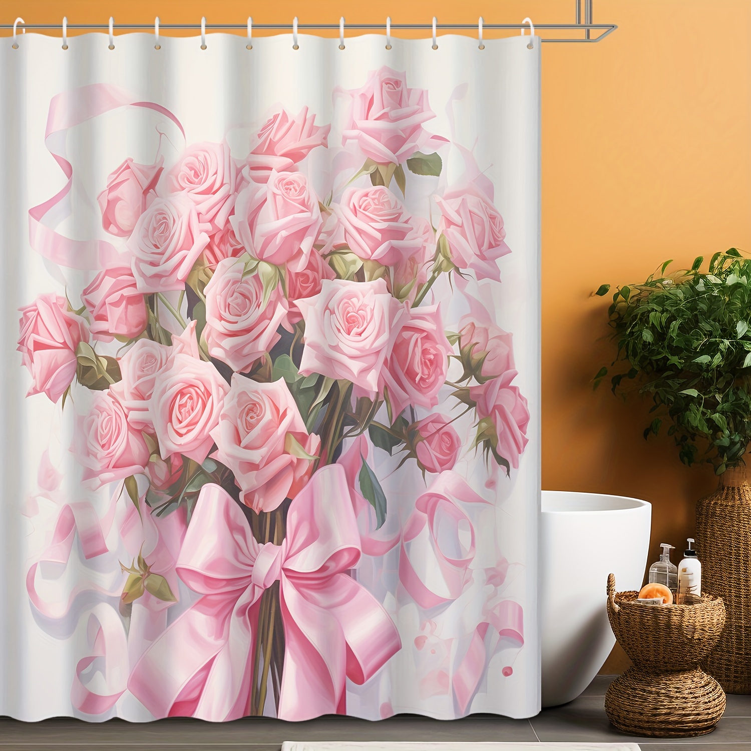 

1pc Bouquet Pattern Shower Curtain, Water-repellent Shower Curtain Includes Hanging Hooks, Mildew Resistant Bath Divider, Decorative Bathroom Partition Accessories