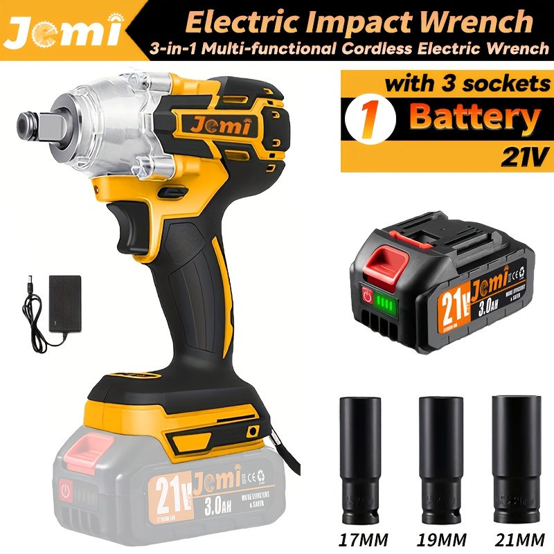Image of Jemi Tool Impact Wrench - 1/2" Brushless Impact Gun, Max Torque 512n.m, With 21v 3.0ah Lithium-ion Battery And Charger Kit, Handheld Electric Wrench (optional Socket And Drill Converter)