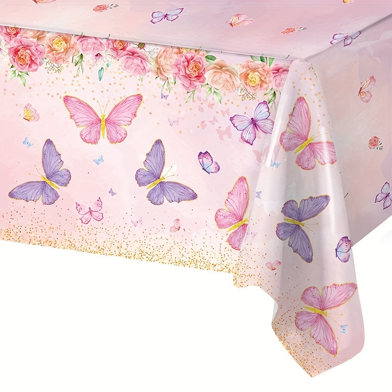 

1pc, Butterfly Theme Tablecloth, Disposable Plastic Tablecloth, Ladies Birthday Party Butterfly Table Cover, Pink, Purple Butterfly Flower Pattern Tablecloth, Birthday Party Decoration, Party Supplies
