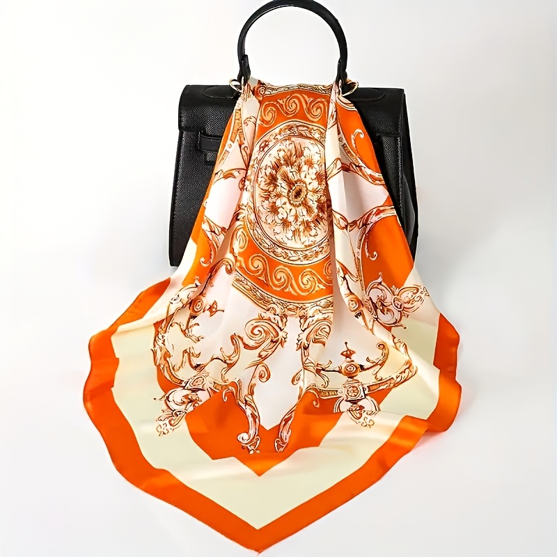 E-shop Eleganter Damen Langschal im Barockstil - Weicher und atmungsaktiver quadratischer Schal, 70.0X70.0 cm, mit orangefarbenem Blumendruck,