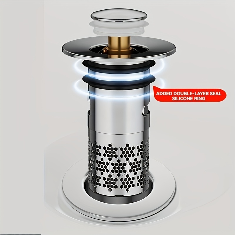 TEMU 1pc Stainless Steel Bathroom Sink Plug Stopper, Upgraded Stainless Steel Mesh Basket, Sink Drain Strainer, Pop-up Basin Anti-odor Bouncing Core